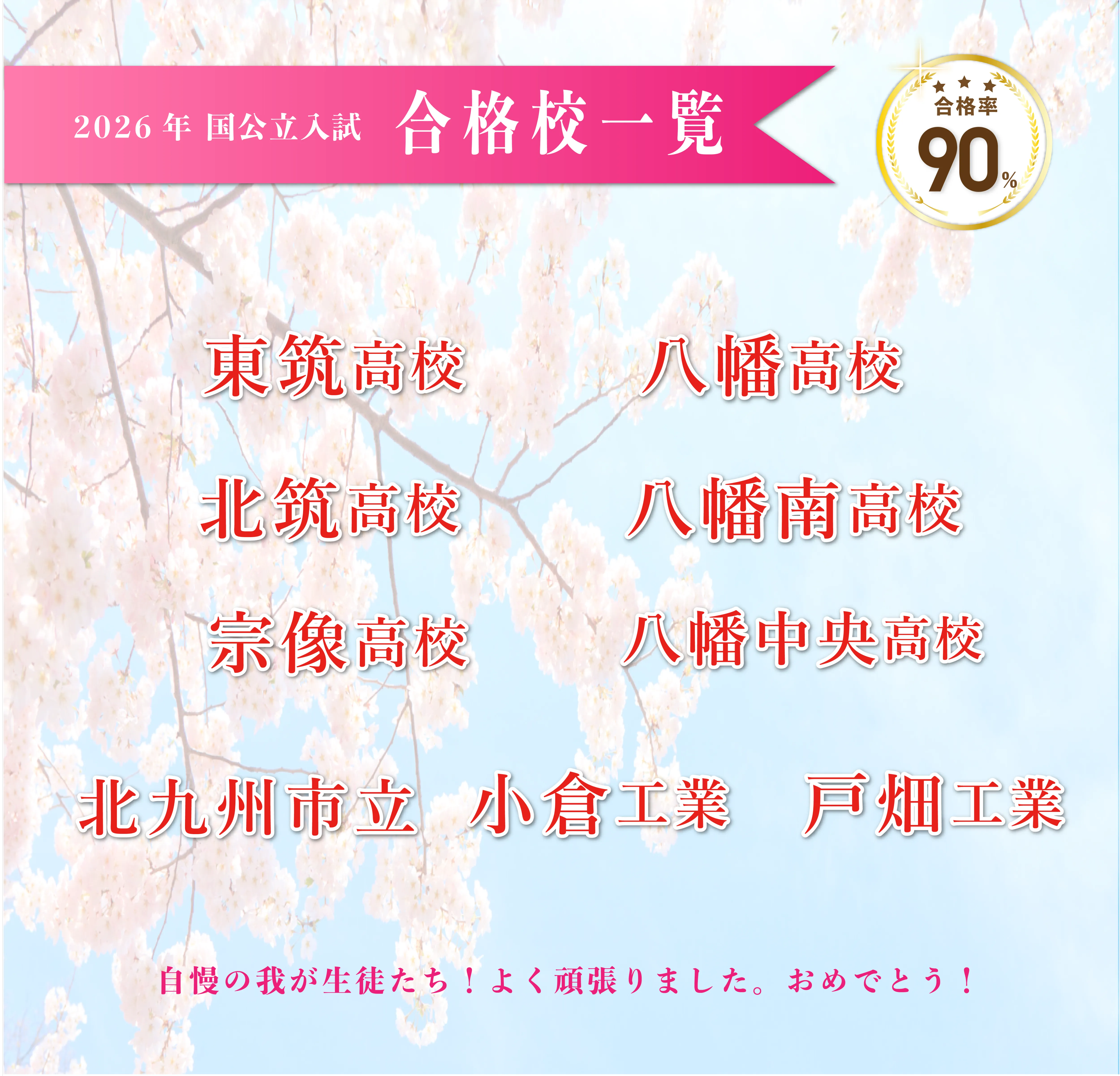 2026年度 国公立入試　合格校一覧　北九州高専　宇部高専　東筑高校　小倉高校　八幡高校　戸畑高校　北筑高校　小倉西高校　八幡南高校　小倉南高校　八幡中央高校　北九州高校　若松高校　北九州市立　小倉工業　戸畑工業　小倉商業　門司大翔館高校　自慢の我が生徒たち！よく頑張りました。おめでとう！